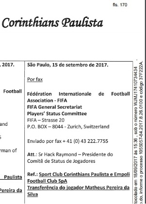 Corinthians deu entrada em processo na última sexta para pedir dinheiro do Empoli